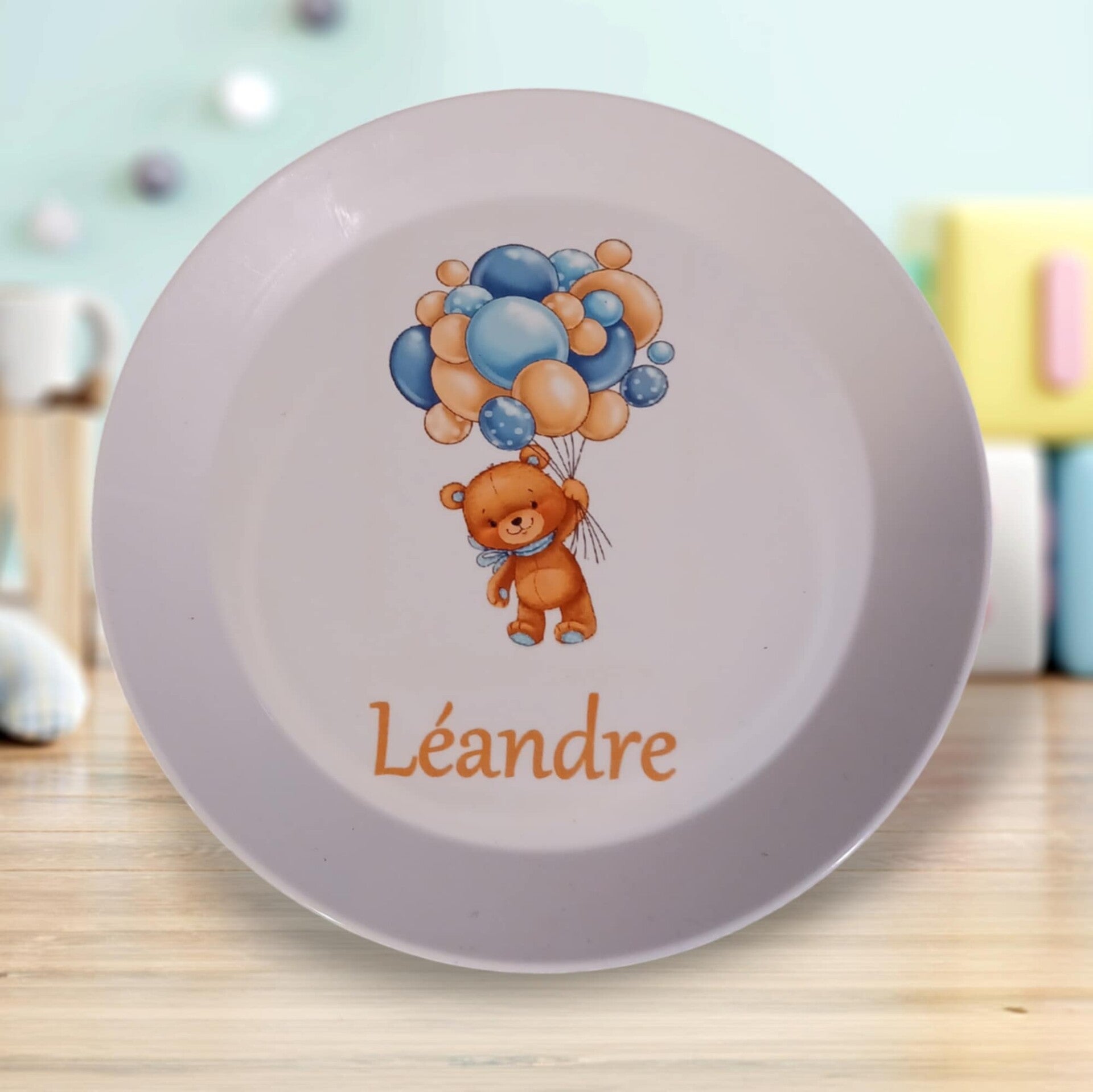 Assiette polymère personnalisée - Modèle ourson avec ballons