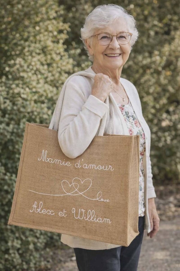 Sac cabas en jute personnalisé - Modèle double cœur Love