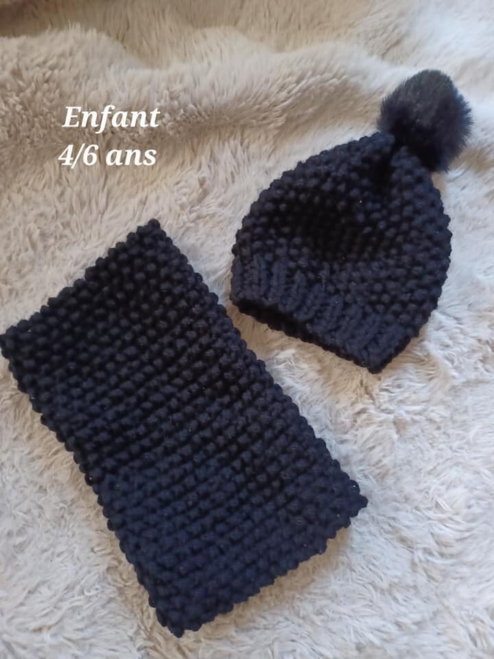 Ensemble enfant bonnet + snood - Modèle noir tricot fait main