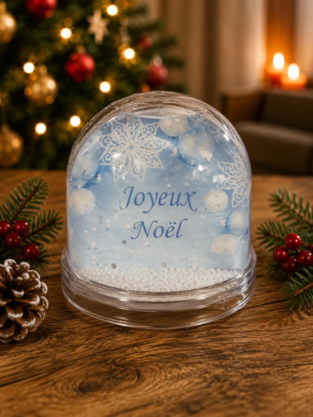 Boule à neige personnalisée, - Modèle fond bleu avec flocon
