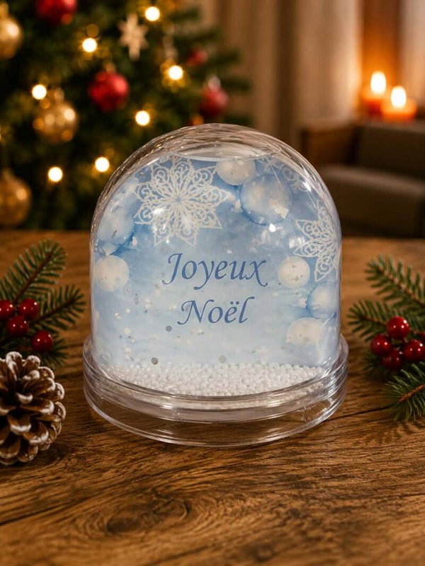 Boule à neige personnalisée, - Modèle fond bleu avec flocon