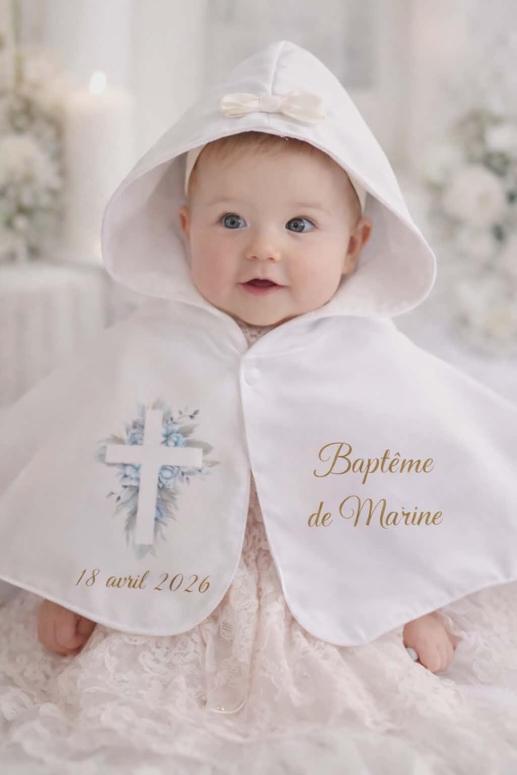 Cape de baptême personnalisée - Modèle croix doré et bleuté