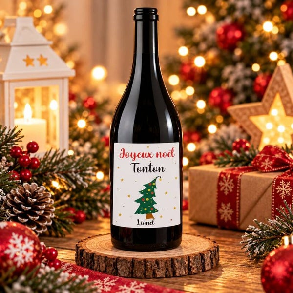 Etiquette autocollante personnalisée pour bouteille - Modèle sapin de Noël