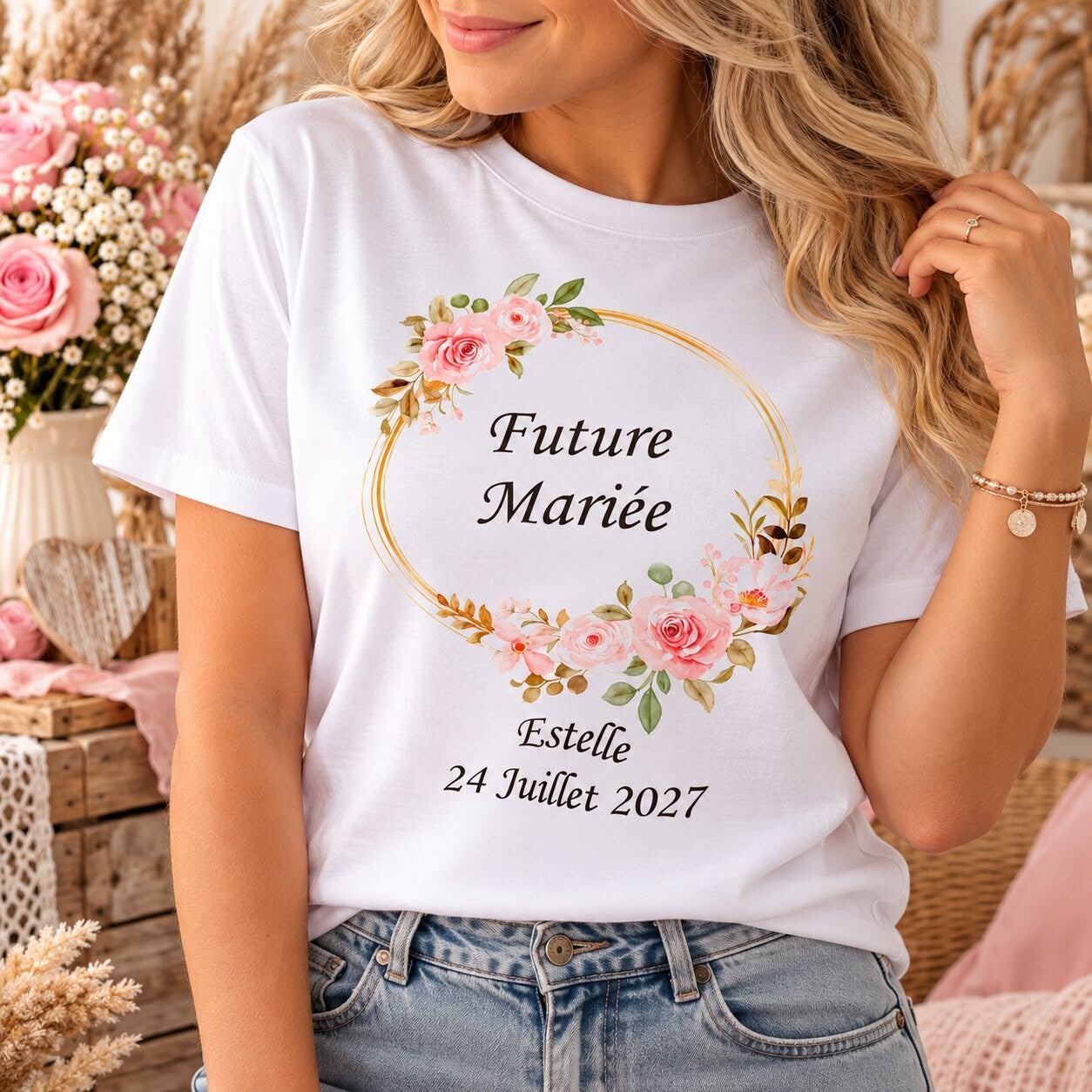 T-shirt unisexe adulte blanc sublimation - Modèle couronne floral