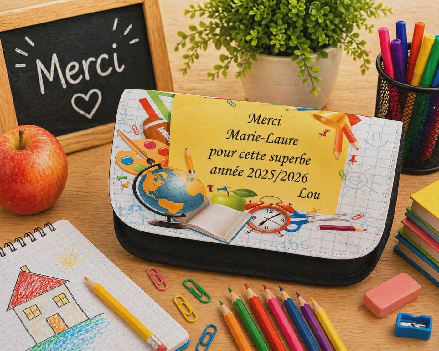 Trousse à crayons personnalisée - Modèle motif école autour post-it