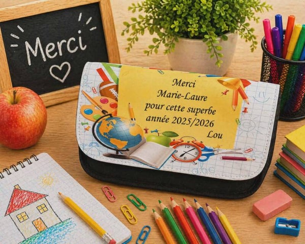 Trousse à crayons personnalisée - Modèle motif école autour post-it