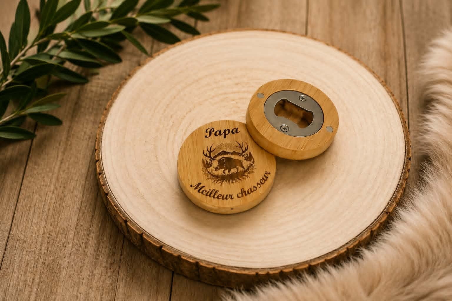 Décapsuleur en bois rond personnalisé - Modèle sanglier