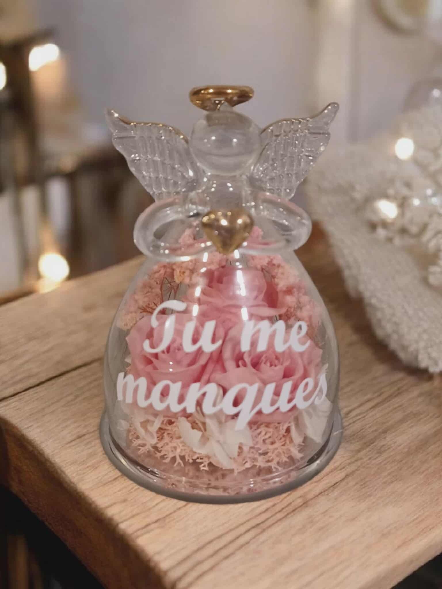 Ange en verre avec roses éternelles personnalisé - Modèle rose