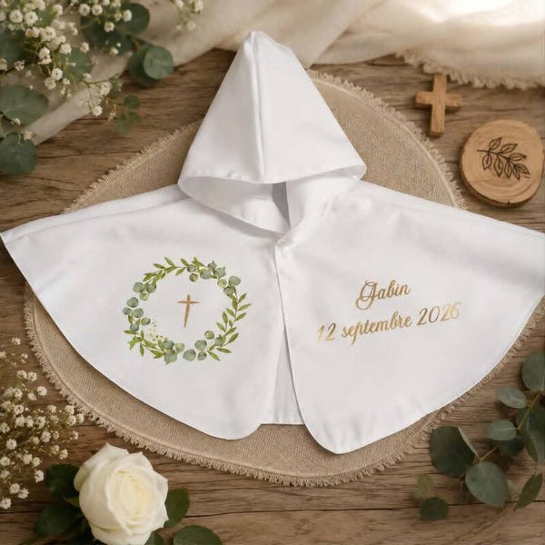 Cape de baptême personnalisée - Modèle couronne croix avec feuillage
