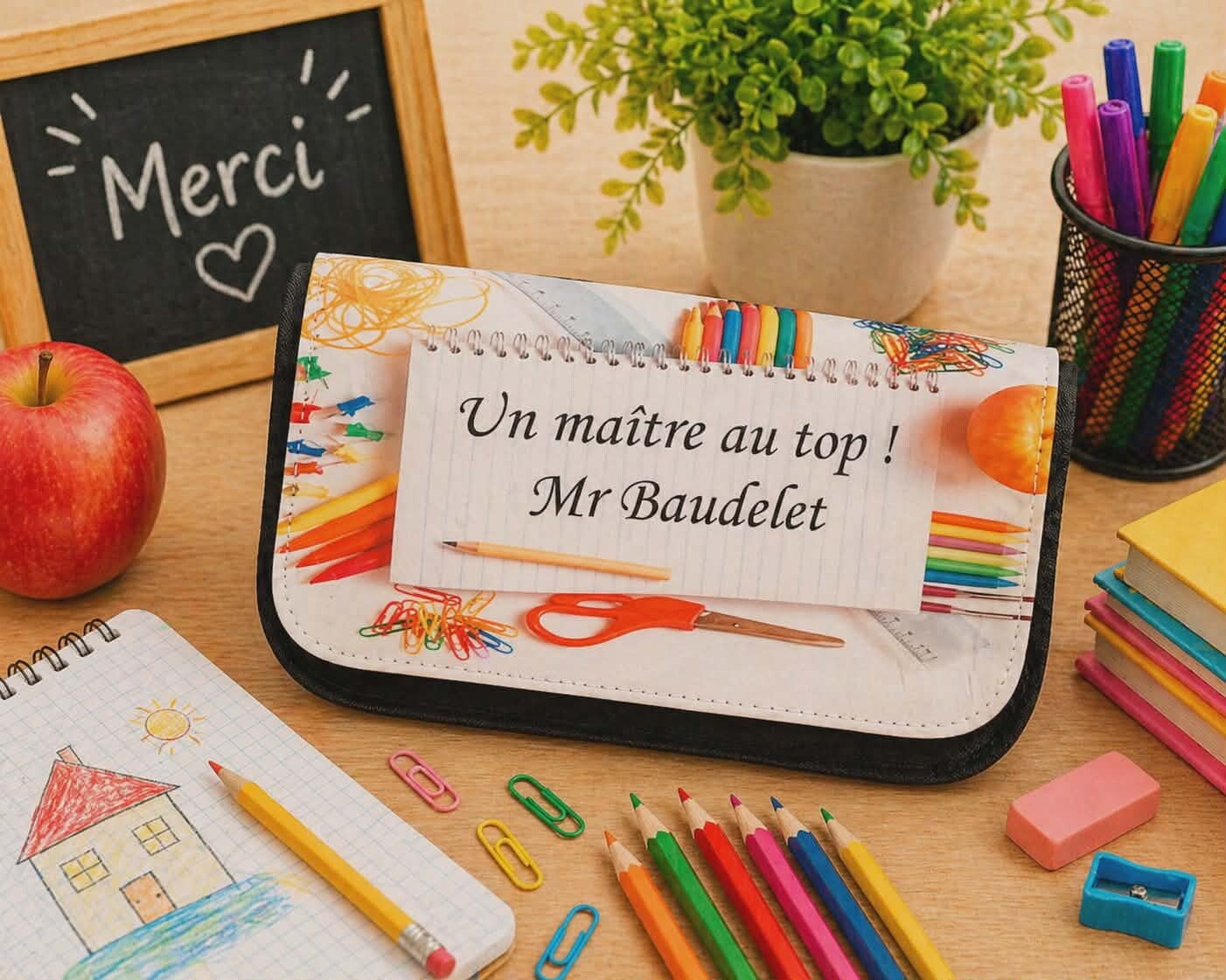 Trousse à crayons personnalisée - Modèle motif école autour bloc note 2