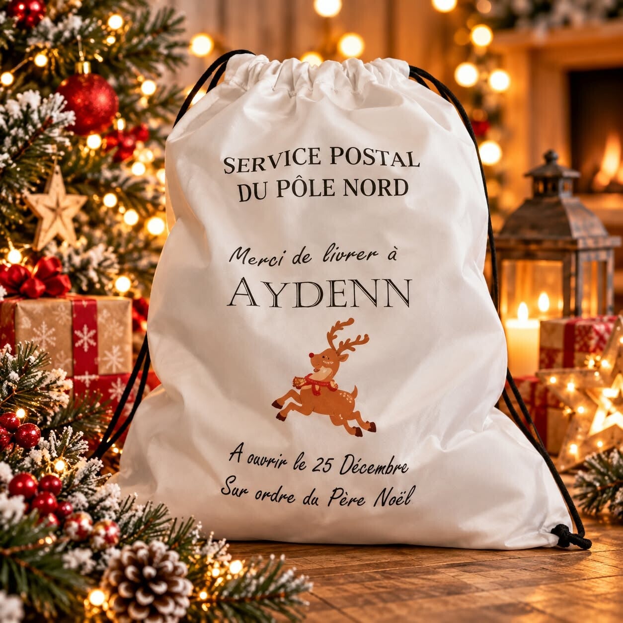 Sac de Noël personnalisé - Sac à cadeaux personnalisé - Modèle rennes