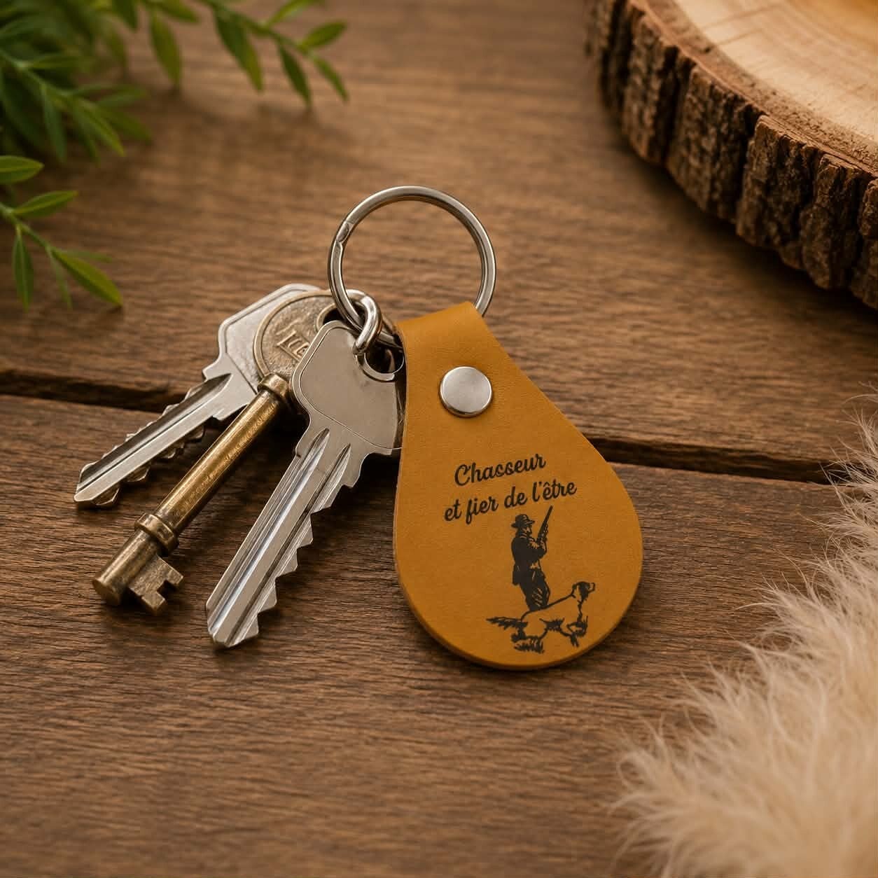 Porte clef goutte simili cuir personnalisé - Modèle chasseur avec son chien
