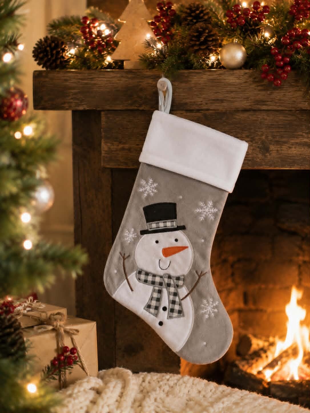 Botte/Chaussette de Noël personnalisée - Modèle bonhomme de neige gris