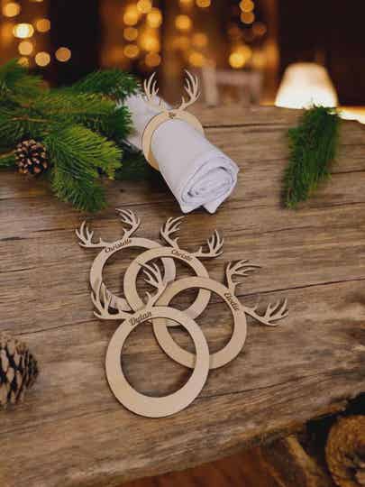 Rond de serviette en bois personnalisé - Modèle rennes