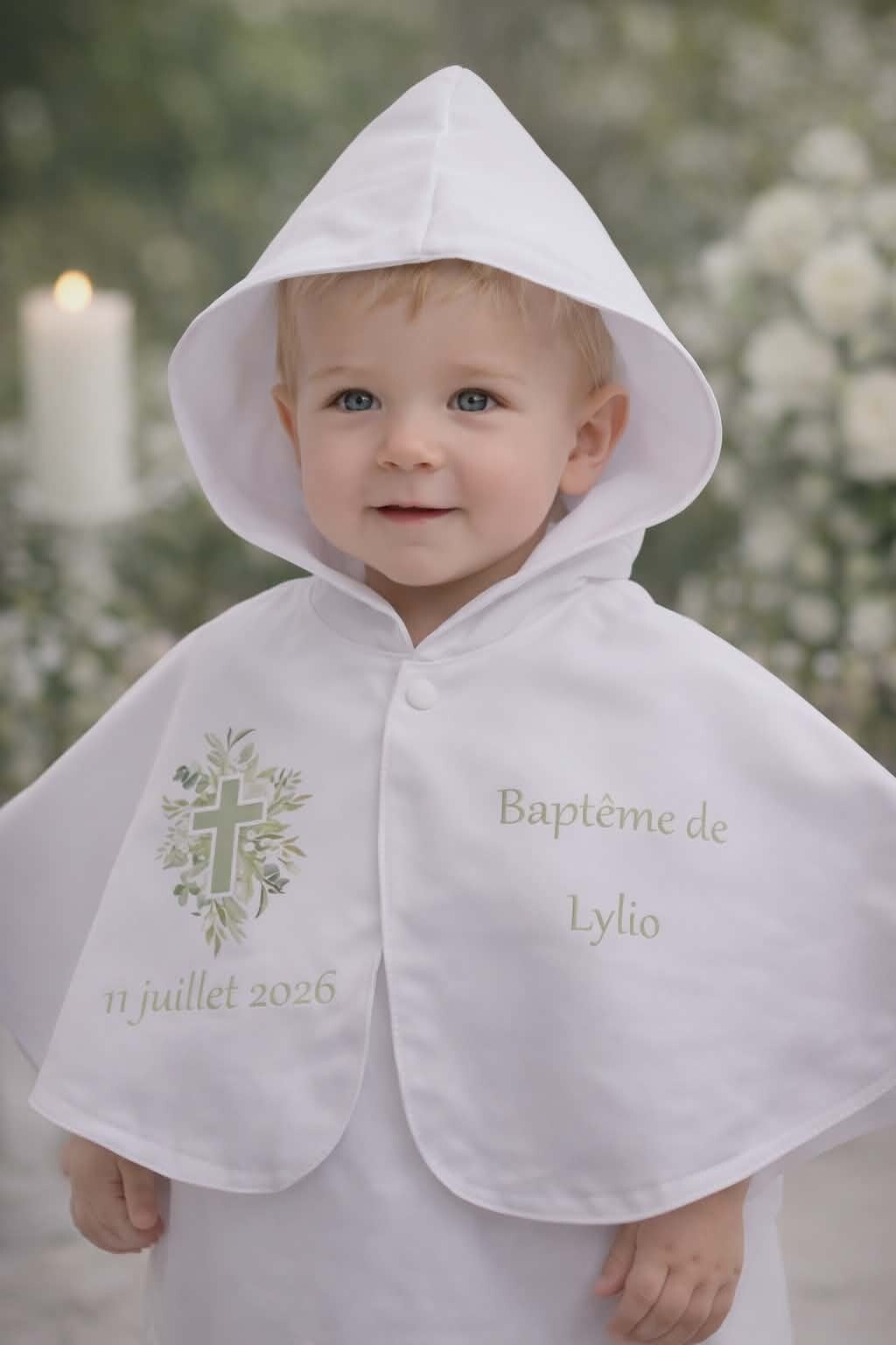 Cape de baptême personnalisée - Modèle croix avec feuillage vert