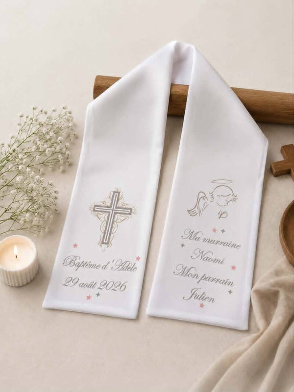 Echarpe de baptême ou communion personnalisée - Modèle ange, croix et étoiles