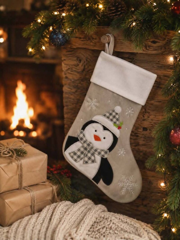 Botte/Chaussette de Noël personnalisée - Modèle pingouin gris