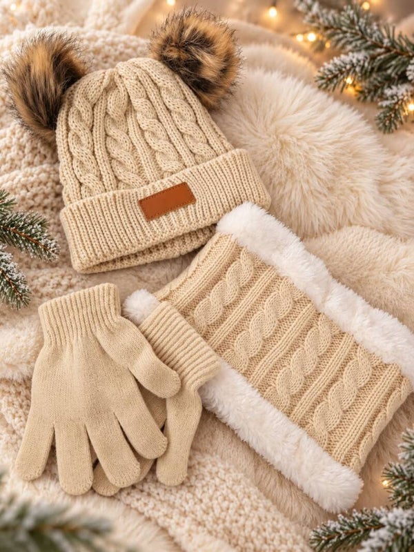 Ensemble bonnet + tour de cou + gants enfant crème - Accessoires hiver