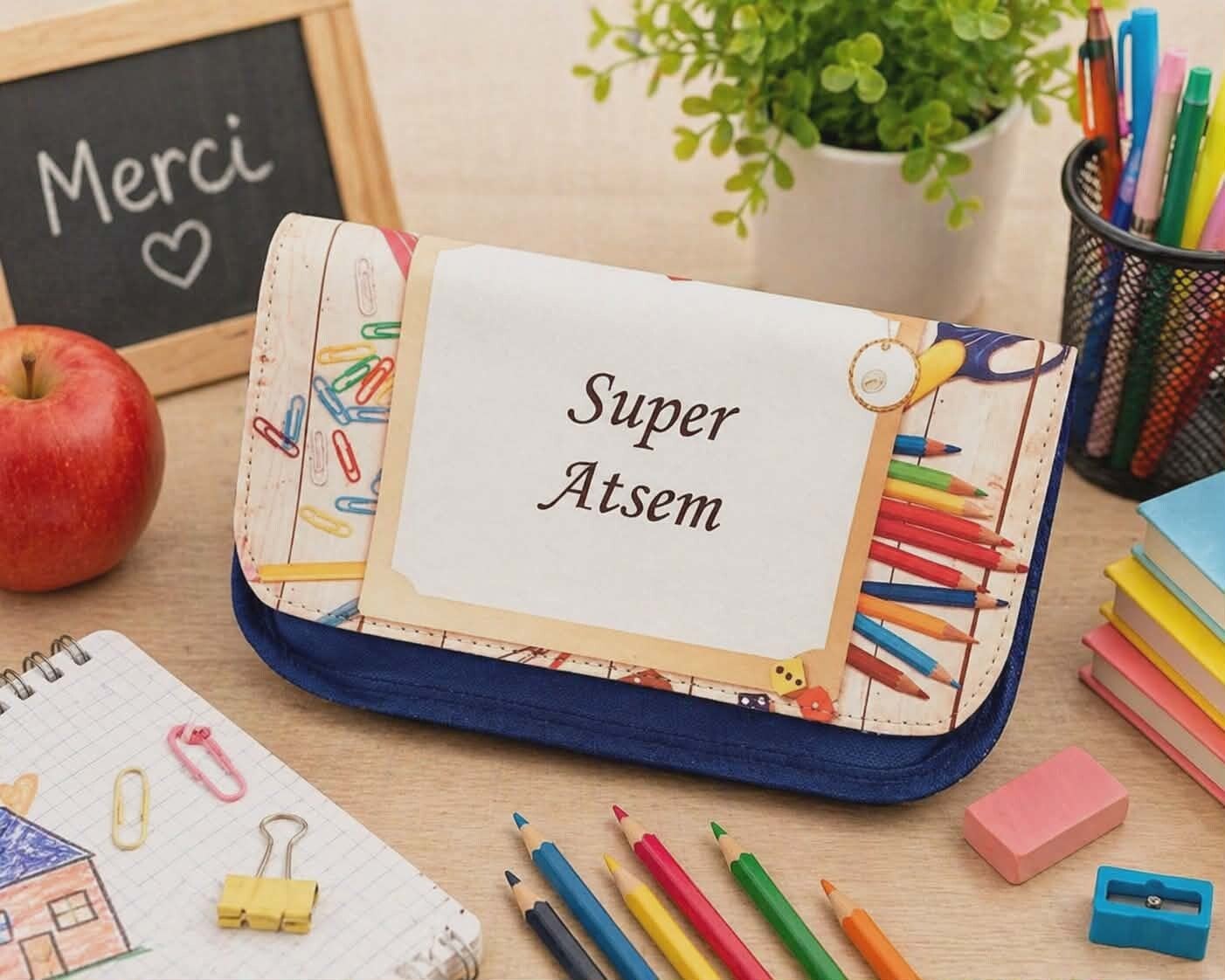 Trousse à crayons personnalisée - Modèle cadre avec motif école