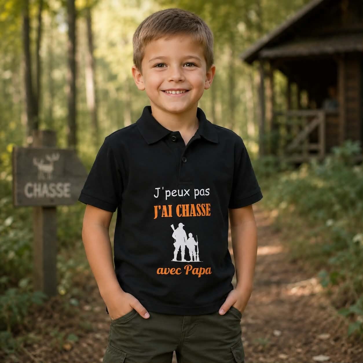 Polo enfant couleur flocage - Modèle chasseur avec son fils