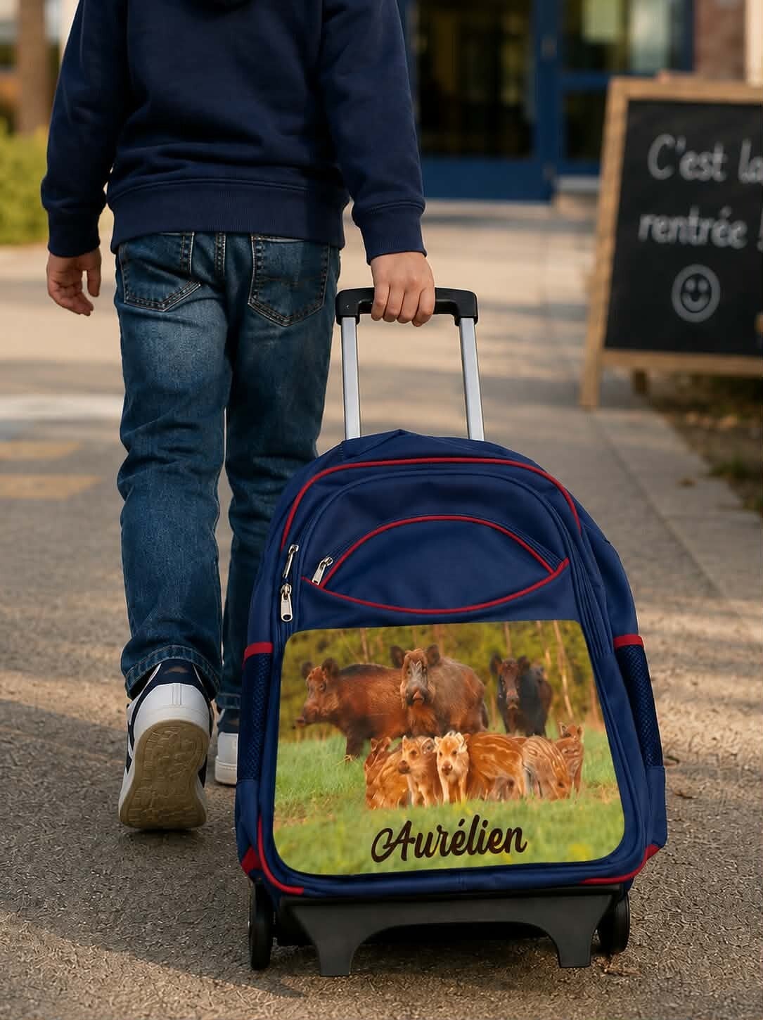 Cartable à roulettes personnalisé (peut être utilisé sans les roulettes) - Modèle sanglier