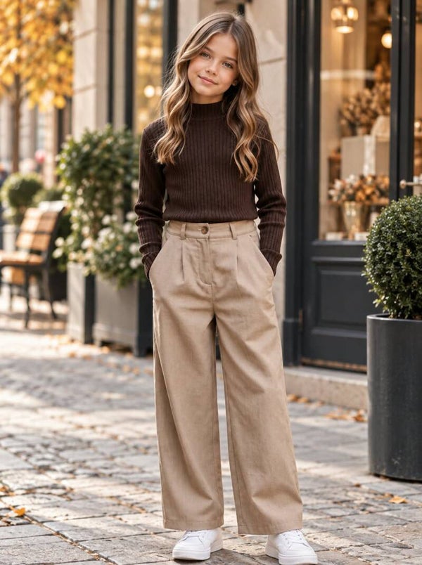 Ensemble pull doux et pantalon large - Fille - Taupe