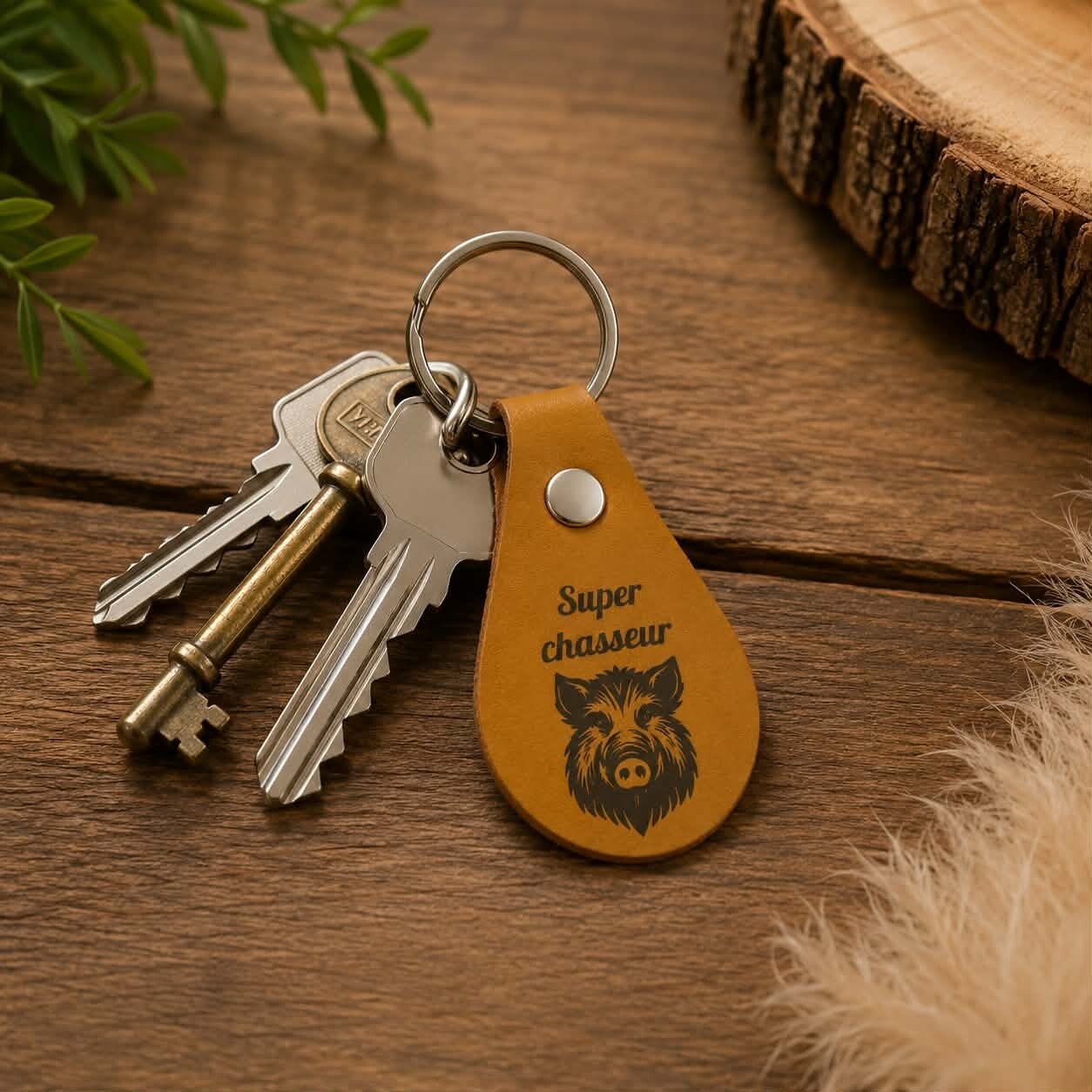 Porte clef goutte simili cuir personnalisé - Modèle tête de sanglier