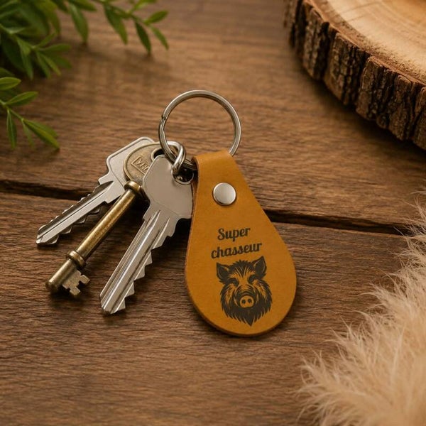 Porte clef goutte simili cuir personnalisé - Modèle tête de sanglier