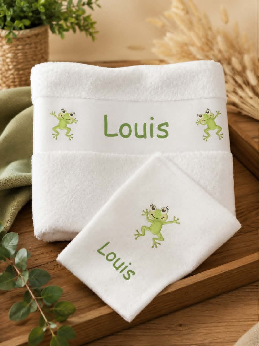 Serviette de toilette blanc personnalisée - Modèle grenouille