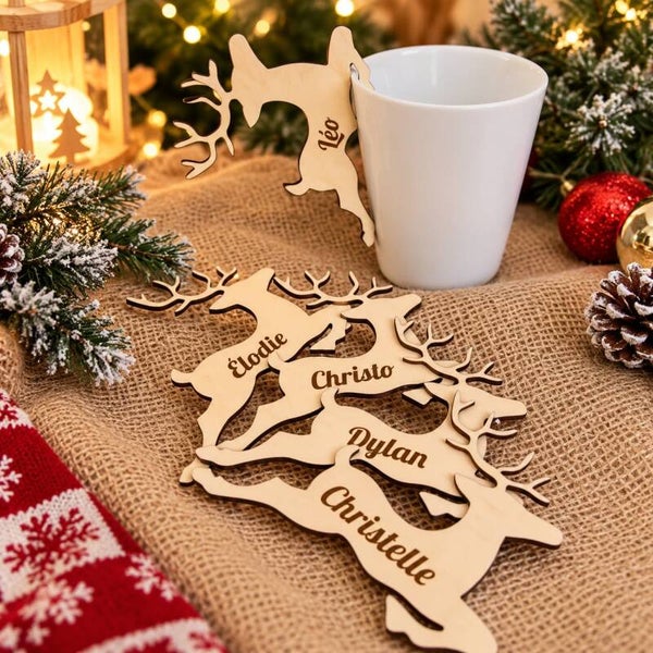 Marque-place Noël personnalisé en bois - Marque-verre - Modèle renne