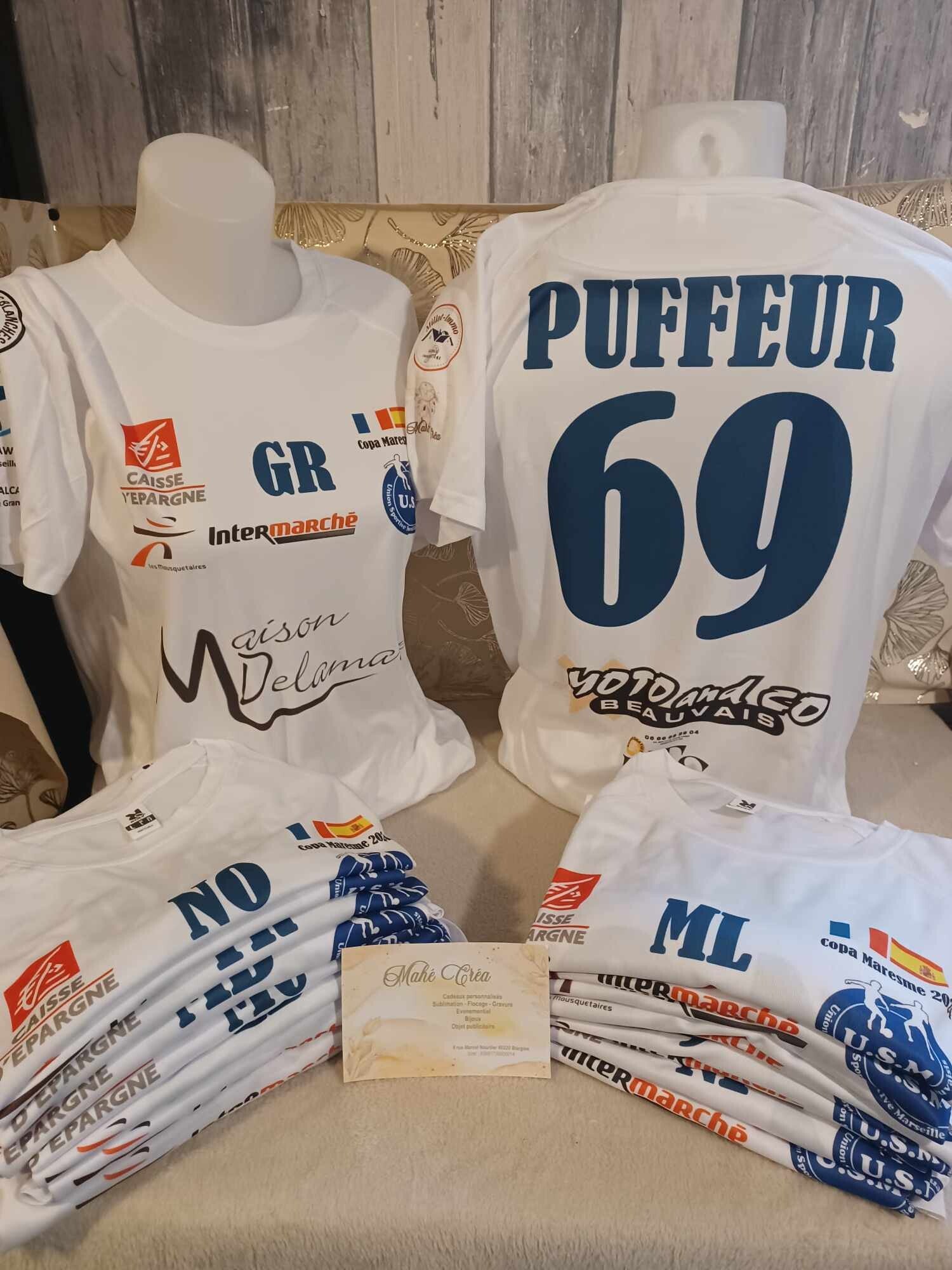 T-shirt unisexe adulte blanc sublimation microperforé (sport) - Modèle logos + prénom + numéro + initiales