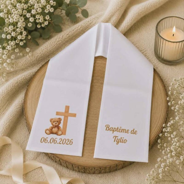 Echarpe de baptême ou communion personnalisée - Modèle ourson avec croix