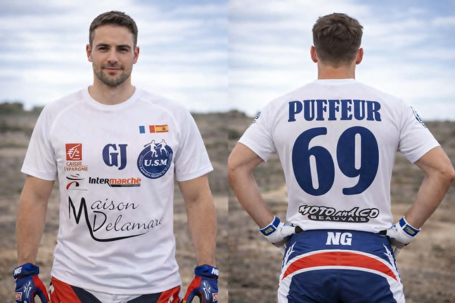 T-shirt unisexe adulte blanc sublimation microperforé (sport) - Modèle logos + prénom + numéro + initiales