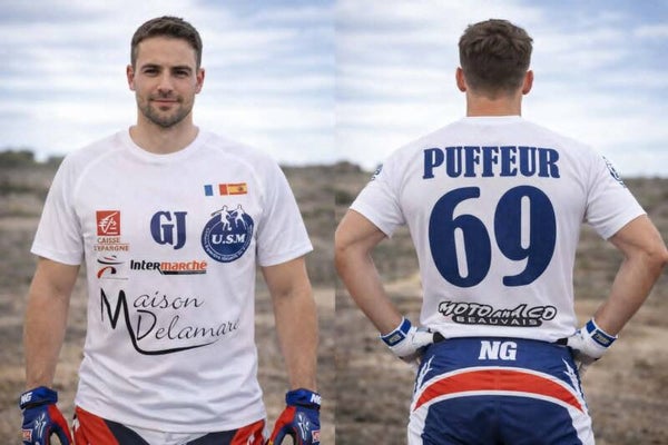 T-shirt unisexe adulte blanc sublimation microperforé (sport) - Modèle logos + prénom + numéro + initiales
