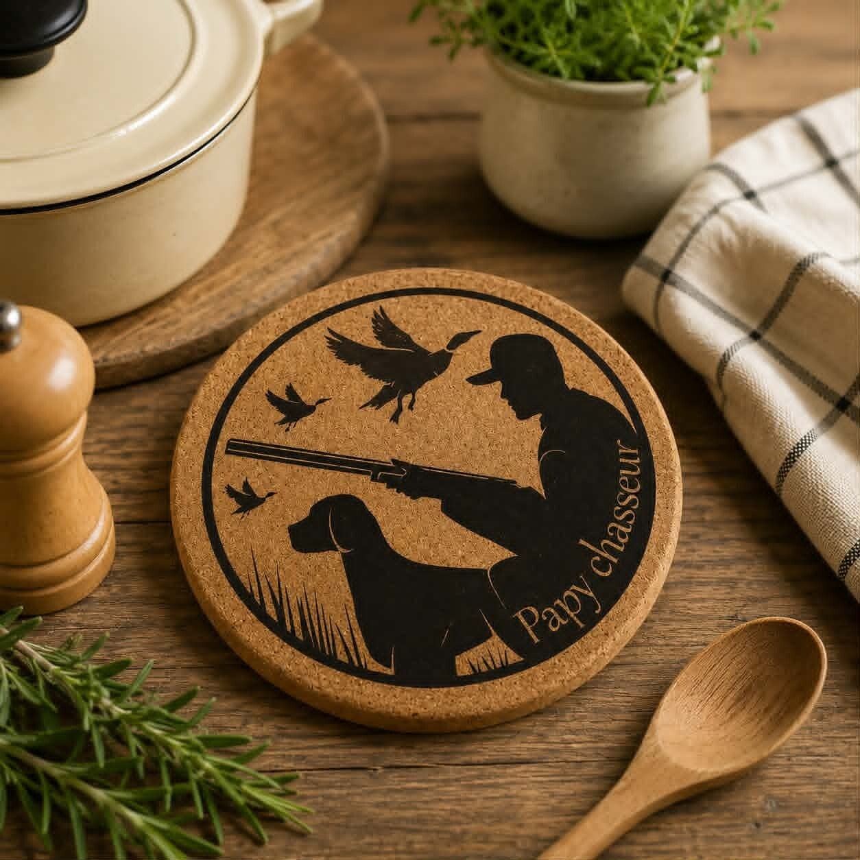 Dessous de plat liège personnalisé - Modèle chasseur avec son chien