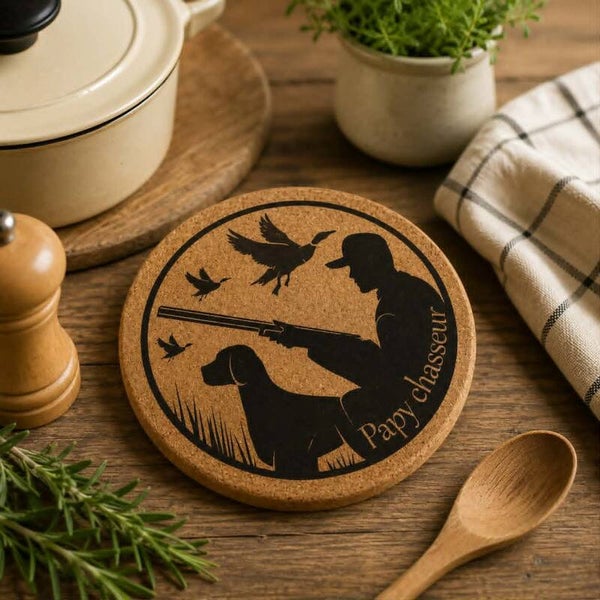 Dessous de plat liège personnalisé - Modèle chasseur avec son chien