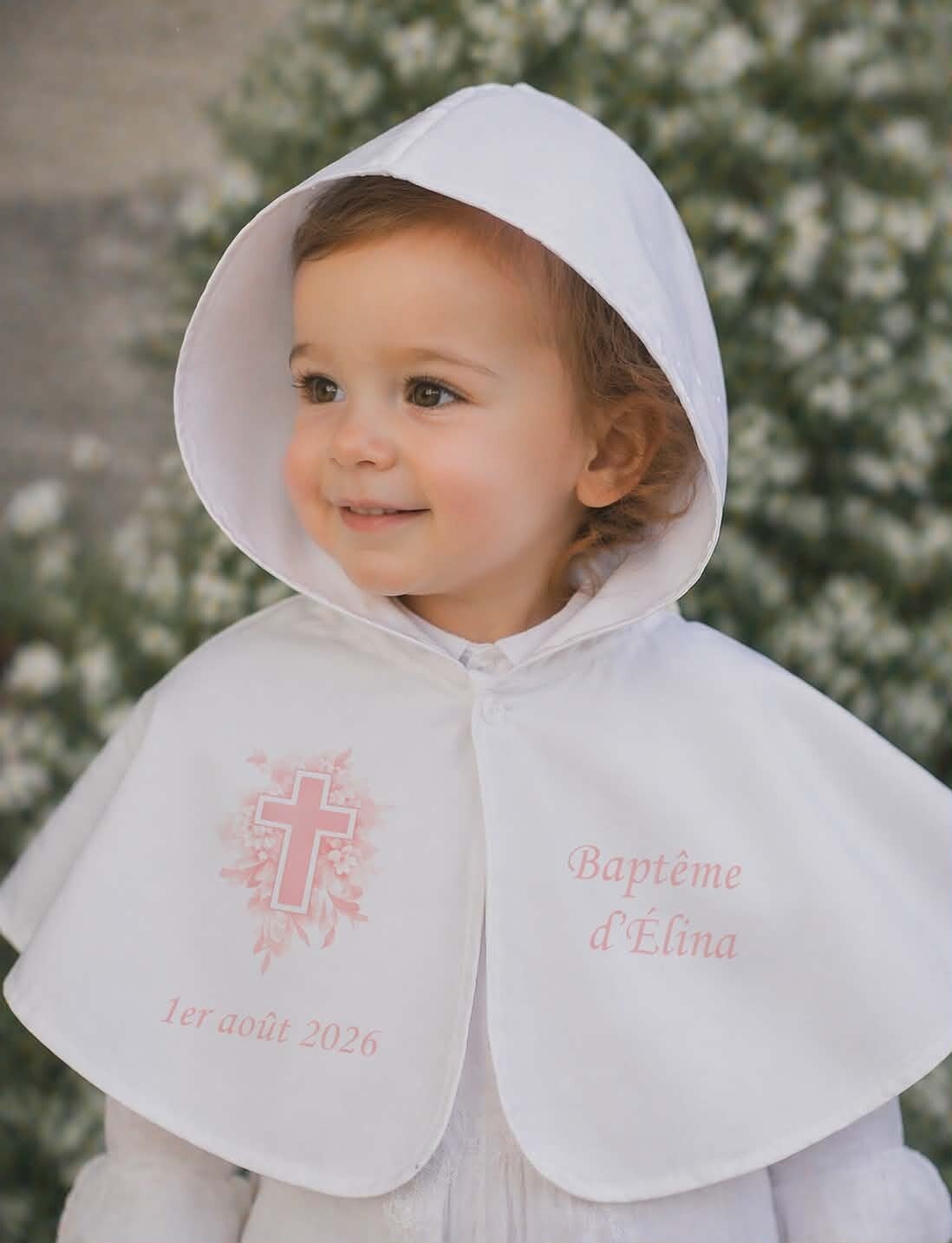 Cape de baptême personnalisée - Modèle croix avec feuillage rose