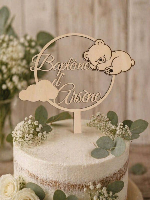 Cake topper en bois personnalisé - Baptême - Modèle ourson et nuage