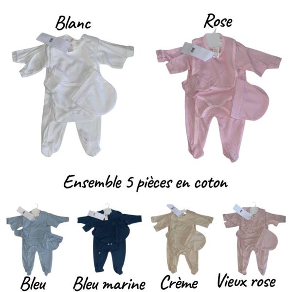Ensemble bébé 5 pièces personnalisé en coton - Modèle 100% personnalisable selon vos souhaits