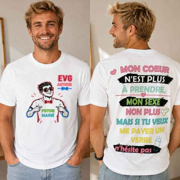 T-shirt unisexe adulte blanc sublimation - Thème EVG - Modèle Futur marié