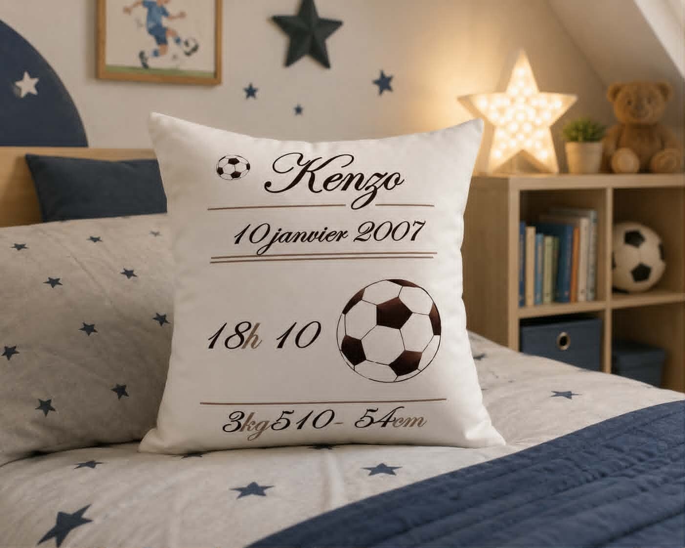 Coussin de naissance personnalisé - Modèle ballon de football + ligne