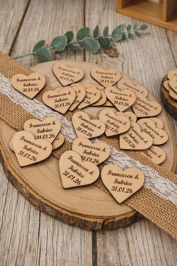 Etiquette coeur en bois personnalisée - Modèle 100% personnalisable selon vos souhaits