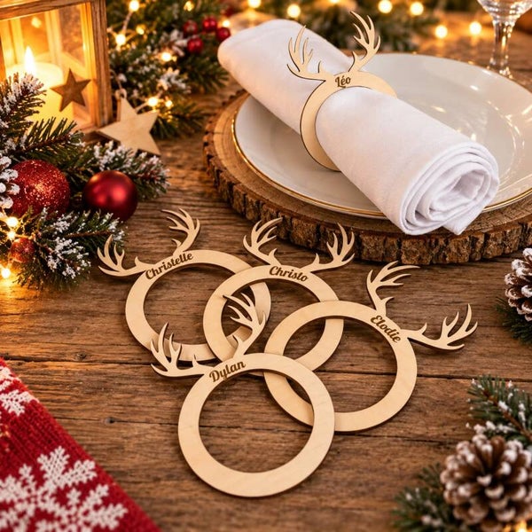 Rond de serviette de Noël en bois personnalisé - Modèle renne
