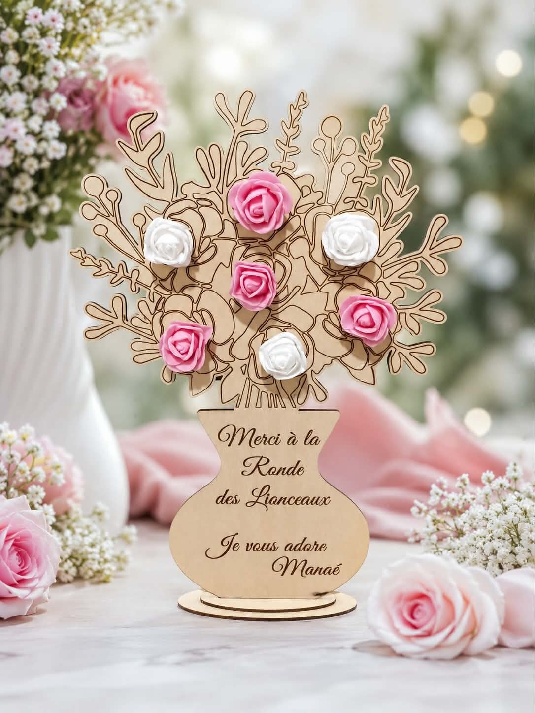 Maxi bouquet en bois personnalisé avec ses 7 fleurs artificielles