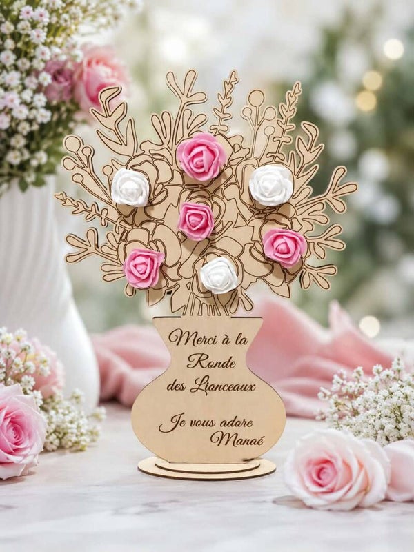 Maxi bouquet en bois personnalisé avec ses 7 fleurs artificielles