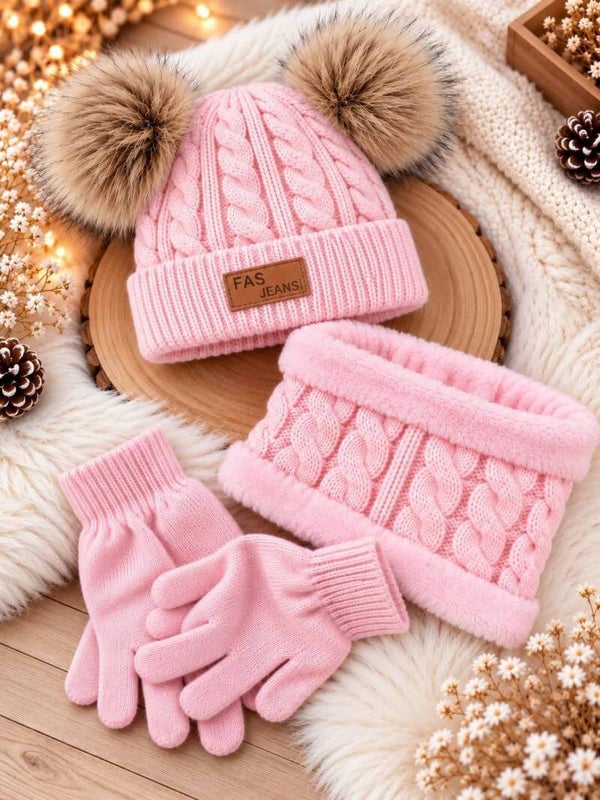 Ensemble bonnet + tour de cou + gants enfant rose - Accessoires hiver