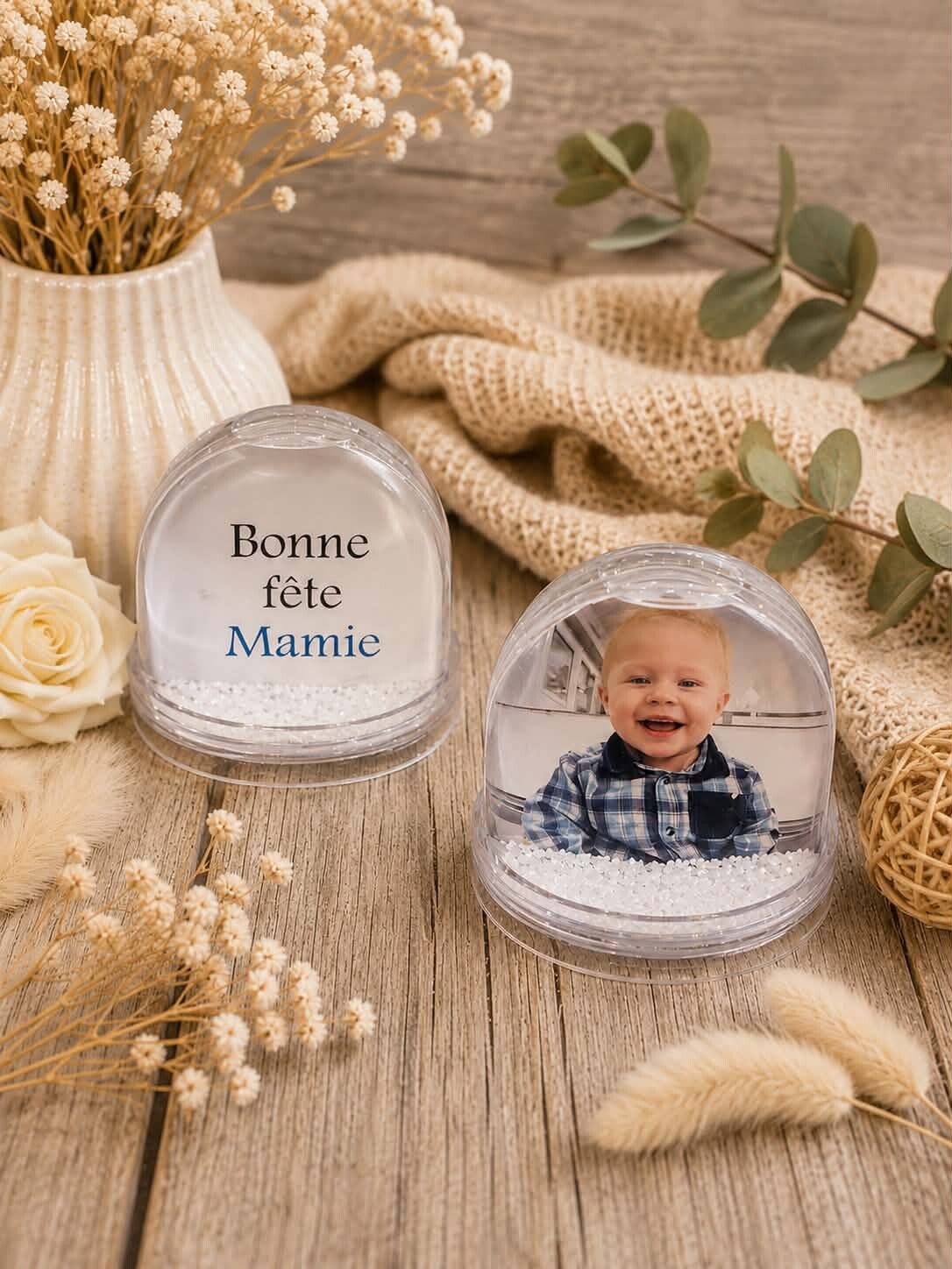 Boule à neige personnalisée - Modèle une face photo et une face texte