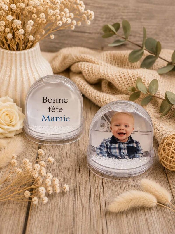 Boule à neige personnalisée - Modèle une face photo et une face texte