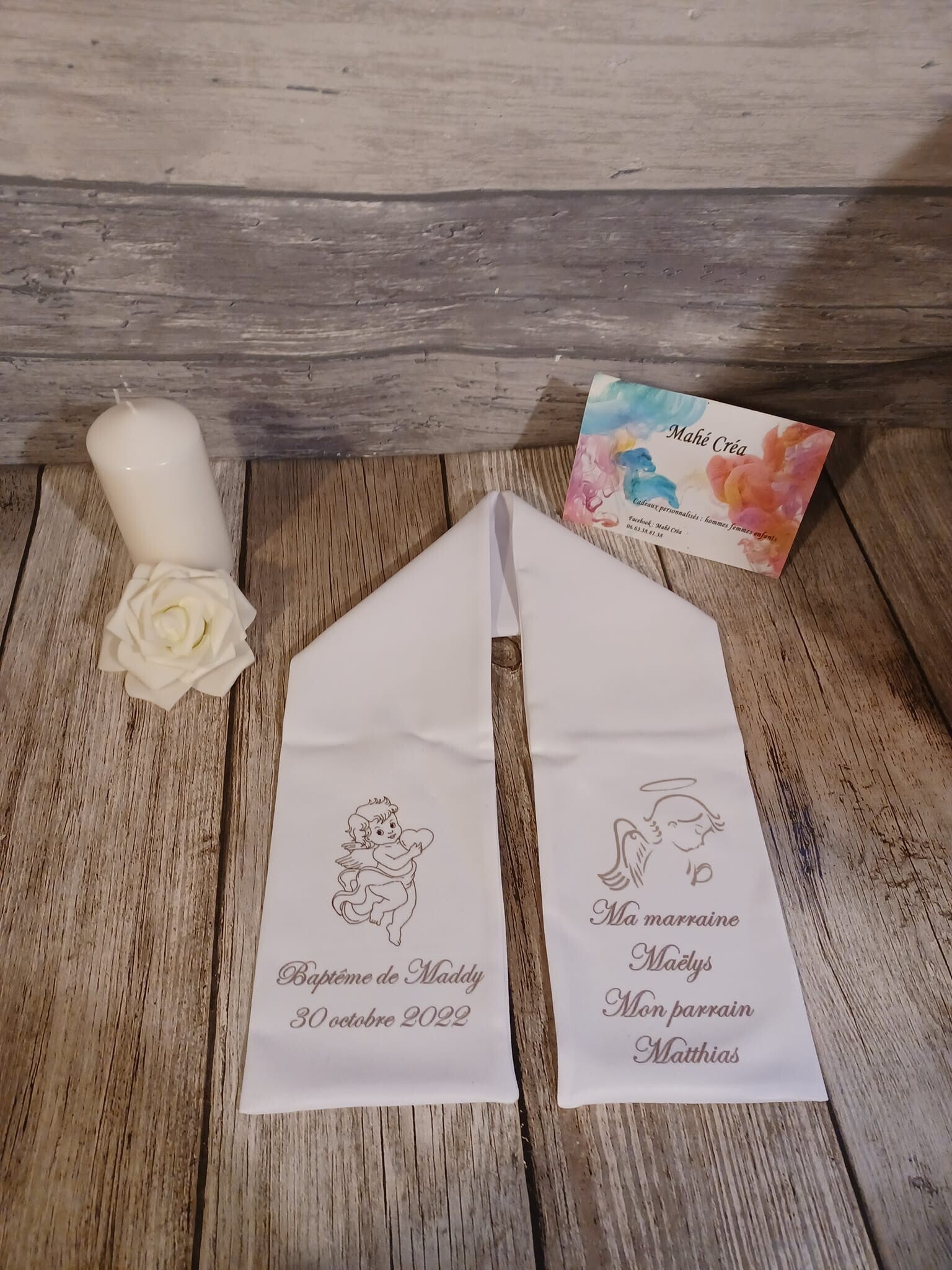 Echarpe de baptême ou communion personnalisée - Modèle ange et ange avec son cœur