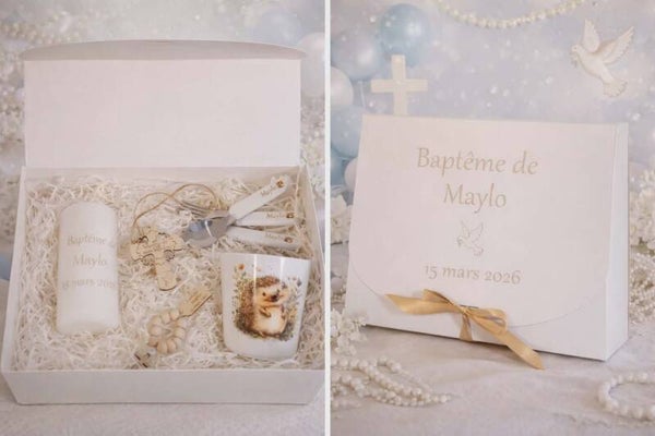 Box de baptême : collier + chapelet + bougie + gobelet + lot de couverts